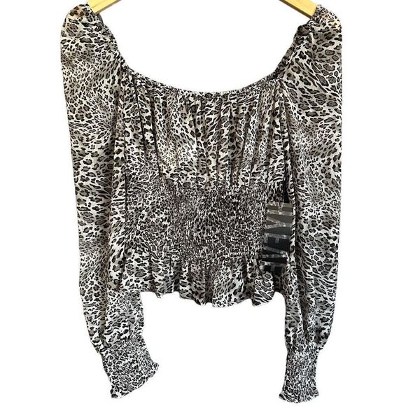 HYFVE Leopard Print Puff Sleeve Smocked Ruffle Peplum Hem Blouse - Picture 2 of 12